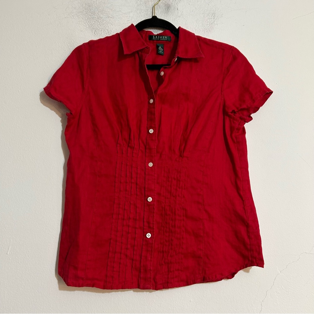 Lauren Ralph Lauren Linen Red Pleated Short Sleeve Button Down Top Coastal Prep